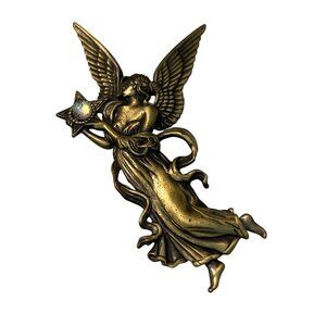 Vintage JJ Angel Brooch Pin Rhinestone Star Accents Winged Celestial 3" Tall